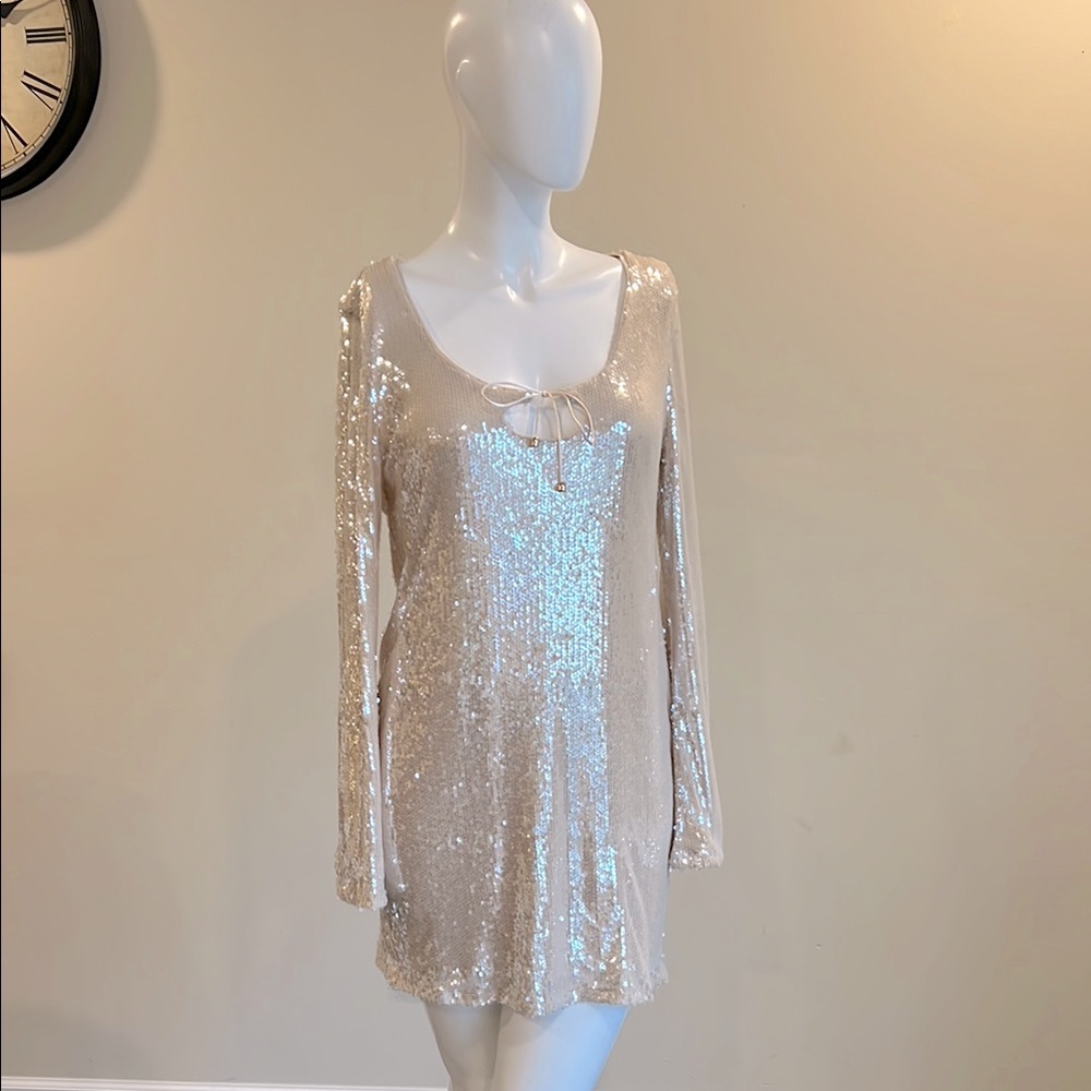 Women's Long Sleeve Sequin Mini Shift Dress - Wild Fable™ Champagne.